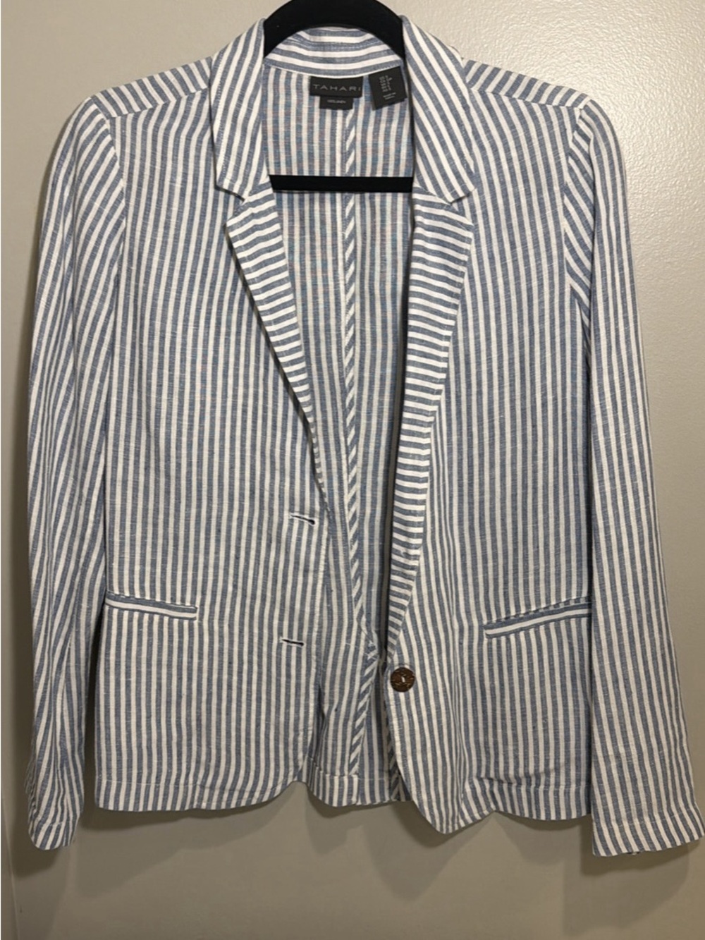 Tahari Navy and White Vertical-Stripe Blazer 100% Linen